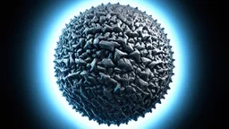A fractal art piece featuring a complex, spherical structure with intricate, repetitive patterns. The color palette is dominated by shades of blue and gray, giving the piece a metallic or stone-like appearance. The structure is adorned with numerous small, detailed elements that create a sense of depth and texture. The lighting is soft and diffused, highlighting the contours and details of the fractal. The overall composition is dense and visually engaging, inviting the viewer to explore the int