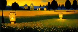 A yellow field with glowing lanterns painted by Georges Seurat