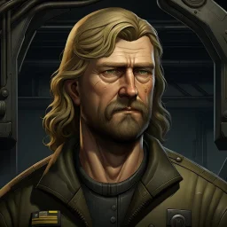 The submarine mechanic Blicke Blocknyckel, a blonde man with a mullet and muttonchops beard realistic grimdark