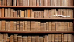 ancient scrolls on shelves in small library