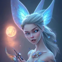 Fée souriante , monde en fleurs, concept art, crépuscule , bleu , vibrant Color, réaliste
