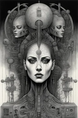 A woman with a Indian fathers on head with computer chips and a smoke in the background dark a thin line draw ، front view camera, decayed and rotting with grotesque proportions and imagery. surreal horror, biomechanical design, by hr giger and beksinski , fine lines draw