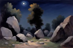 Night, rocks, trees, begginer's landscape, friedrich eckenfelder impressionism paintings