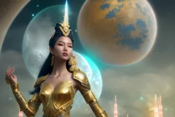  beautiful cosmic asiatic woman with bronze color skin, long hair, nice smiling, magic glamour make up, delicate colors, beautiful glamour galactique dress, ultra sharp focus, 8k, unreal engine 5, extremely sharp detail, light effect, soft light atmosphere of a spaceship, smooth, full of details, face in front, complete vision of face and hair and body