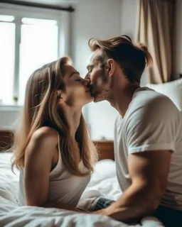 Couple in love kissing on the bedroom at home. Loving boyfriend and girlfriend sharing love together.