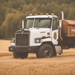 Side Door of a white truck with a logo for a wheat farm that features a tractor and wheat with text: "Pozniak Farms"