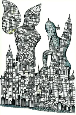 Ink drawing of buildings, line drawing, white background, negative space, splashes of soft colours