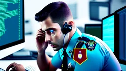 calm male cop dispatcher confused by evil hacker virus in the phone