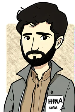 Hima, young man, 20 years old, journalist, black hair, short beard, wearing a press jacket, simple cartoon style for a card, signed with the name Hima.