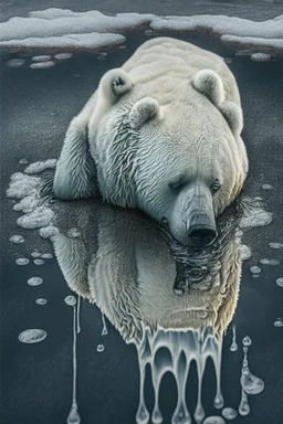 polar bear melting into a puddle, hyper-realistic photography, detailed expression of agony, hyper-realistic fur and anatomy details, Takeshi Kawano style, engraved fur details, anatomically correct animal, dark colour tone, epic colour treatment, cinematic colour treatment, meticulously intricate perfectly symmetrical extremely detailed, pixiv daily ranking, pixiv, extreme depth of field, artstation, sculpture style, spectacular details, volumetric lighting, masterpiece, cinematic, Hollywood pr