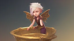 Fantasy style illustration: one small, cheerful fairy with golden hair, sitting in a small magical basket