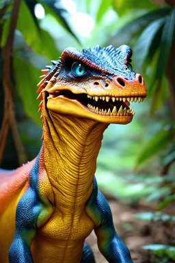 VELOCIRAPTOR ORANGE, BLUE EYES, YELLOW TEETH, ESCALE MODEL, 3D, HIGH QUALITY, MODERN ART, REAL SKIN, AND REAL APPARENCE ON JUNGLE