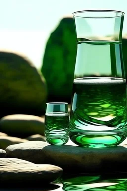 large and small glass on the stones, figure balanced, calming nerves, relaxation, green shades, abstract background