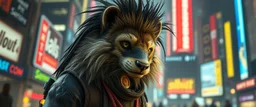 cyberpunk weasel rasta man with cute fur, in big cyberpunk city, in the style of fallout 4, with motion blur and volume light