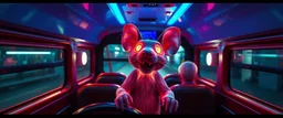 bus driving happy 2d neon fluffy rat elf vampire scumbag in the style of Escher and Giger and Fallout 4, pinhole cam, airbrush 3d rendering, on tv screen:A five-second cinematic single take in a clean industrial presentation hall.