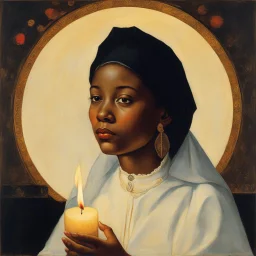 [art by Norman Rockwell] In the flickering candlelight, Roupinho would sit in silence, his eyes fixed upon the serene countenance of the Black Madonna. He would study the delicate features, the gentle curve of her smile, and the compassion that seemed to emanate from her eyes. It was as if she understood the struggles that plagued his heart and offered solace in return. As he rose from his knees, Roupinho would press a kiss to the hilt of his sword, his lips brushing against the cold steel. It w