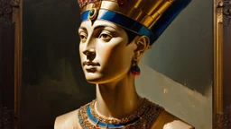 Highly detailed bust of Queen Nefertiti, realistic oil painting style, intricate details on jewelry and headdress, by John Singer Sargent and Jan van Eyck, (closeup shot), soft lighting to enhance textures and shadows.