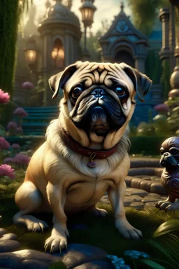 Generate a photorealistic depiction of a pug in a fantasy fairytale setting. Use an 8k resolution to capture intricate details and create a visually stunning image that brings together the whimsy of fantasy with the adorable charm of pugs.