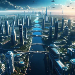 Aerial view of city on a (((twin planet))) of Earth in another galaxy, showing a diverse community. The skyline is dominated by tall skyscrapers with modern futuristic architectural designs, the streets are filled with people from diverse backgrounds. In the distance, a majestic bridge crosses a river and connects the city with a beautiful park on the other side.