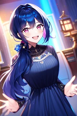 girl, masterpiece, best quality, cinematic lighting, detailed outfit, vibrant colors, perfect eyes, dark blue hair, pink eyes, long hair, low ponytail, dark blue dress, sparkle, depth of field, indoors, god rays, glowing light, ray tracing, laughing,