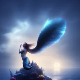 cinematic image of a mermaid in a plain night sea, bloom, darknight with a moon and big clouds, 8k, full details, glowing blue, foggy night, fine-detail, volumetric lighting, high-quality, illustration