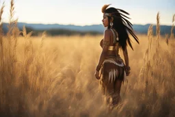 (in the style of Orion, by Masamune Shirow) Subject: A raw, unfiltered, full-body analog photograph captured from behind, focusing on a young Native American woman. She stands tall in a vast, dense field of golden-brown and sun-bleached wild grasses that reach up to her waist. Her skin is warm, bronzed by the sun. Her dark hair is braided in two thick, traditional plaits that hang down her back, interwoven with beads and thin leather strips. She is looking back sharply over her right shoulder wi