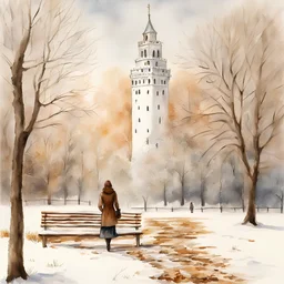 "realistic" full size a woman in a snowy park walks towards a white tower. There are trees and a snow-covered bench along the path. The leaves on the trees are dry and brown. The sky is grey. watercolor wet on wet, romantic, detailed. watercolor wet on wet, romantic, detailed, award winning, colourful, focused, nikonD850