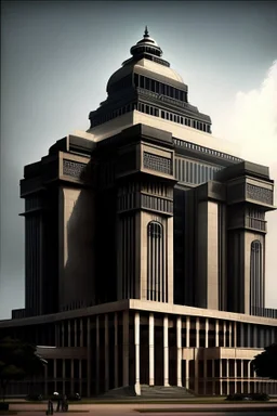 Architectural style for building of India's Intelligence Bureau , make it visibly military and intelligence style at the same time similar to Indian Architecture, use darker colors, make it wider and not much taller