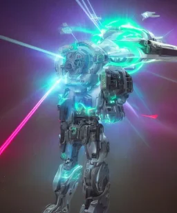 Futuristic mechwarrior shooting cosmic astral water earth air fire plasma antimatter laser electricity sparks glowing sigils