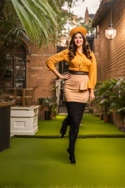 full body of very beautiful lady midi skirt and blouse , curvy hair with small cap and lace scarf ,standing idle happy pose in studio pretty makeup