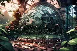 Vector. Illustration. realistic, Digital painting. hail stones, broken glass, smashed traditional victorian garden greenhouse