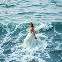 Born of the Ocean Where the sea becomes a gown and every wave moves with her. A moment of gown in waves ,looking at camera ,moving in wavy water