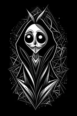 tim burton's jack skellington in a black hooded cloak drawn in a retro mascot style, inside a diamond shape on a black background, monochromatic