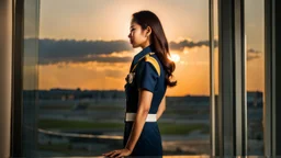 A gorgeous Asian model in an air hostess uniform looking out of the window at sunset