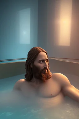 jesus in a hot tub, volumetric fog, 4k, trending art, depth of field, radiosity