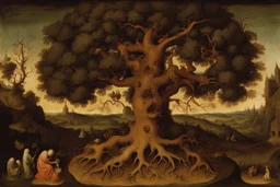 gnarled and twisted tree of life with faces and bodies in the trunk, deep colour, Hieronymus Bosch