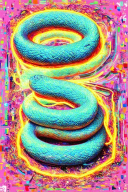 "Massive delusions in the form of a neon snake"; hallucinogenic optical art depicting the failure of western society contrasted to the bandwidth of consciousness, which is a playful pastel Post-Impressionistic background surrounded by surreal elements inspired by an admixture of Hundertwasser and Klee