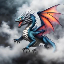 a sturdy colorful asian dragon with bat wings and curly white fur, smokey breath and fire, claws, spikes along back, a long tail, moving forward out of the smoke and mist, webbed wings, attacking