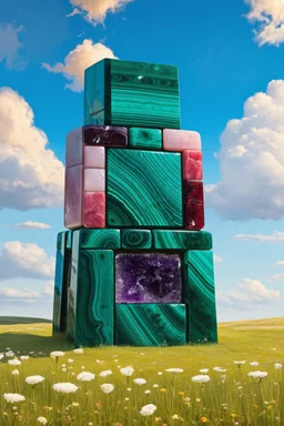 Stonehenge made out of malachite, rhodonite, jasper, amethyst, rose quartz, flourite, sodalite, turquoise and garnet; surrealism; Ilya Bolotowsky