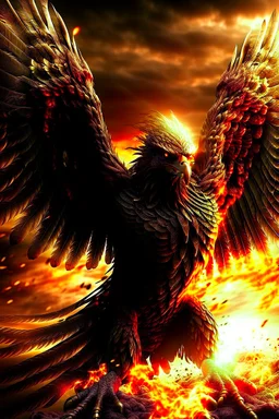 Create a ultra high definition and photorealistic image, 12k quality of a beautiful phoenix, majestic and strength showing, emphasis on texturized claws, upclose with a front view flying towards the camera, centre of an explosive and chaotic background scene of Armageddon where he is followed by demon like dark clouds in persuit trying to grab him, phoenix has striking eyes and determined look, majestic wings folded inwards in flight, bright auburn, black, white, grey and yellow colours, gothic