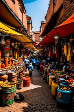 A vibrant, bustling tea market in Morocco, with colorful stalls selling a variety of teas, spices, and traditional teapots, all surrounded by the bustling sounds and smells of the market.