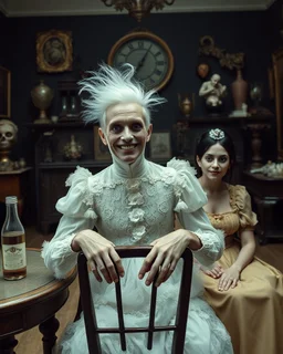 Persons flash photo, 1980 horror movieshot, sitting on a chair, table, bottle, eaging, dine, odd objects in background, persone con sorriso falso e occhi grandi, tenebroso, macabro, interno museo, fiotti di liquido nero che zampillano, hypermaximalist, Hieronymus Bosch style, strangeness, sundial light, intricate, albero, hypnotic, very accentuated details of the dress and skin, eerily mysterious, artistic photo, shot on Hasselblad, sadness, follia