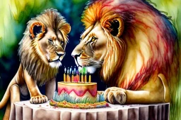 Lion is having a birthday cake. Highly detailed, smooth colours, realistic landscape. Aquarell