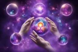 kundalini, connected to the universe, few colours of galaxy, holding galaxies in few hands in glass balls, purple colours and few more colours