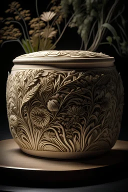 image for a paper clay container with fine details that reflect nature