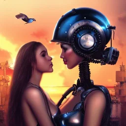 great illustrator, spanish, realistic rendering of a cute spanish girl kissing a cybergirl with helmet, beautiful, steampunk style. Helmet with tubes. Machinery in the background. robotic bird flying. High details. 4k. unreal engine, sunset