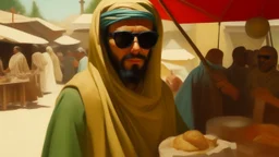 takistan life, oil painting. dr arab cover 1970, closeup dnd style. sunglasses, cape. lawrence of arabia. marketplace, eating food.