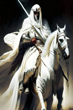 An Arab warrior holding two swords, sitting on horseback, wearing a white robe, strong, mysterious, frightening, fantasy, high quality