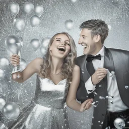 Photograph of a happy couple celebrating with silver party decoration.