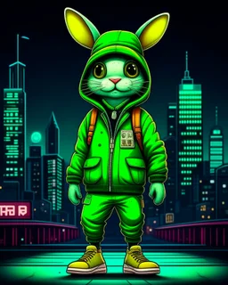 Conejo alienígena antropomorfico con chaqueta, Jens, tennis y gorra en la ciudad, full body, arte vectorial, calidad ultra, hiperdetallado, maximalista, increíble obra de arte, 12k